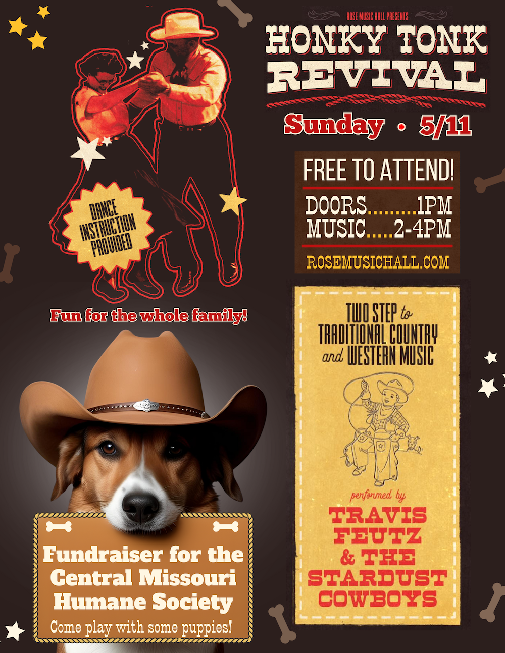 Event flyer with dog in a cowboy hat