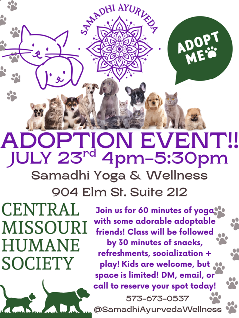 Flyer featuring animals and CMHS logo and Samadhi Yoga Logo