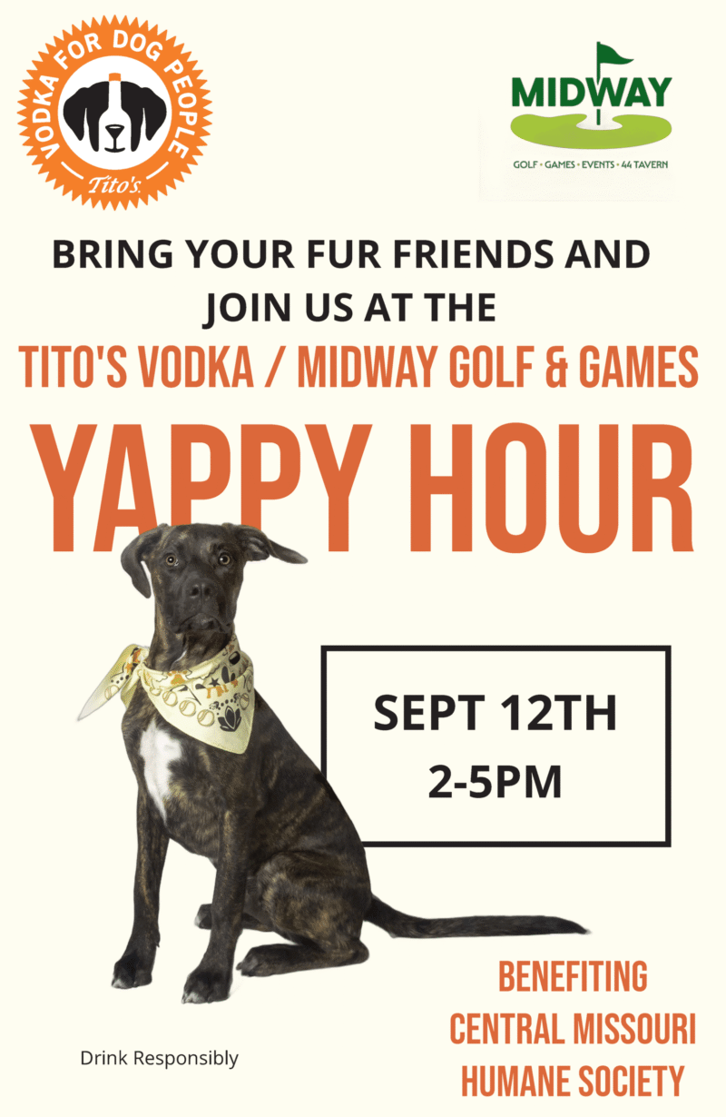Dog with Midway Golf and Tito's logos and event date and time